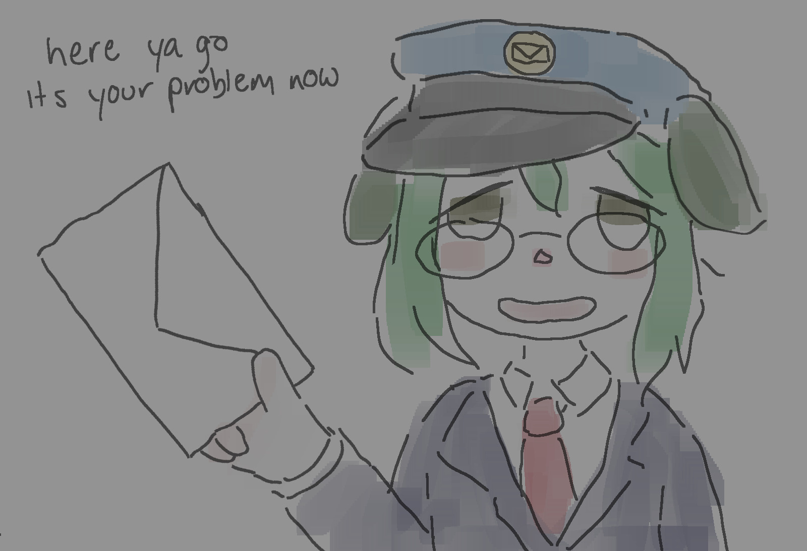 Maillard throwing the viewer a letter. The text next to her reads 'here ya go its your problem now'